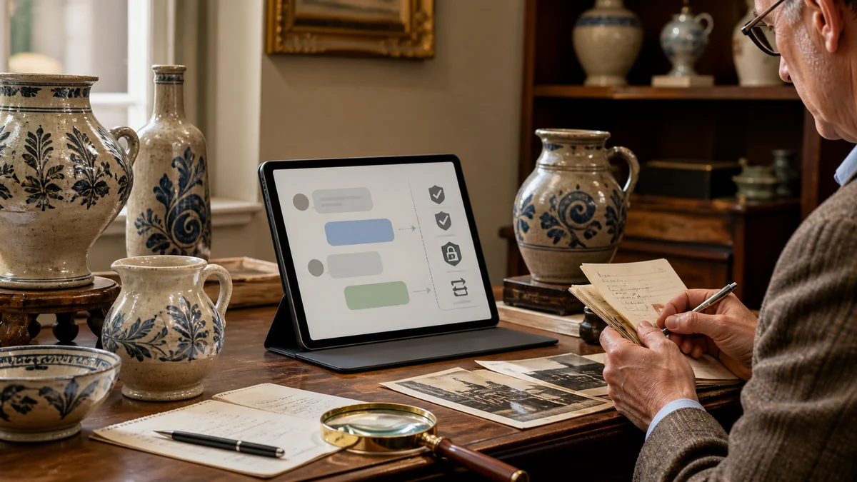 Antique ceramics dealer reviewing a privacy checklist beside an abstract website chat interface. Antique ceramics dealer reviewing a privacy checklist beside an abstract website chat interface.