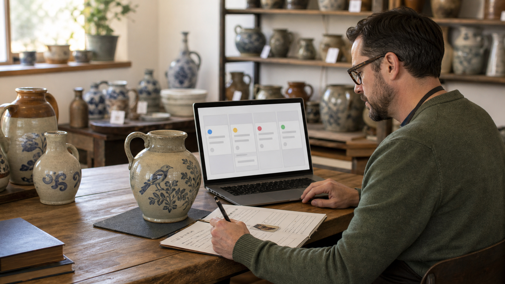 Antique ceramics dealer reviewing inquiry details and a condition checklist before scheduling an appraisal